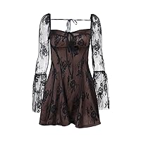 Maxi Dress, Lace Flare Long Sleeve Dress Elegant Gothic Style Slimming Short Dresses Perfect for Fashion Forward Individual