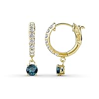 Round Blue & White Diamond 3/4 ctw Womens Dangle Huggie Hoop Earrings 14K Gold