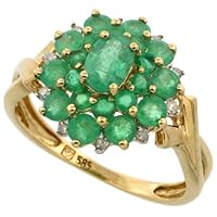 14k Gold Natural Emerald Cluster Ring Oval Center Diamond Accent, 5/8 inch