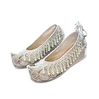 Pearls Tassel Women Cotton Fabric Embroidered Chinese Style Flat Platforms Slip On Pointed Toe Retro Unique