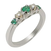 Solid 18k White Gold Natural Emerald & Cultured Pearl Womens band Ring - Sizes 4 to 12 Available