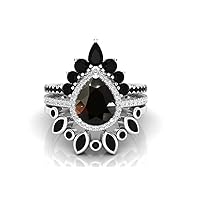 3 CT Pear Cut Natural Black Onyx Engagement Ring Set 3 pcs Wedding Ring Set for Bride Vintage Art deco Halo Ring Set Black Spinal Ring Gift for Women