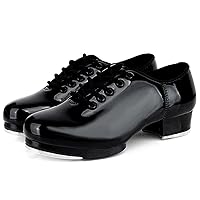WUIWUIYU Unisex Children Kids Black Tap Dance Shoes Lace-Up Heels Split Sole Jazz Dancing Shoes for Boys Girls