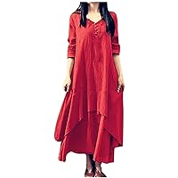 Women's Cotton Linen Irregular Double Layer Dress,Plus Size Long Sleeve Loose Boho Caftan Beach Dress