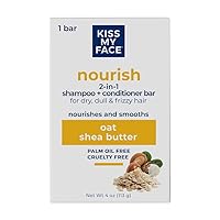 Kiss My Face Nourish 2-in-1 Shampoo + Conditioner Bar - Palm Oil-Free, Cruelty-Free Shampoo and Conditioner Bar for Dry, Dull & Frizzy Hair with Oat and Shea Butter (Pack of 1)