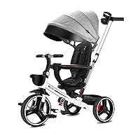 BicycleKids' Tricycle with Three-Way Adjustable Awning, Toddler Tricycle with Detachable Pedals, Toddler Trike with Rotatable Seat, for Ages 10 Months - 5 Years (Color : Gray) (Color : Gray)