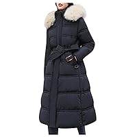Womens Winter Coats Pure Color Hooded Two-Way Zipper Down Jacket Fur Collar Long Temperament Coat With Belts