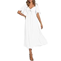 2024 Women's Dresses, V-Neck Ruffled Lace-Up Mid-Length Elegant and Comfortable High-Waisted A-Line Flowing Draped Hem Dress.