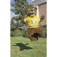 Brown bear REDBROKOLY Mascot with a yellow sweatshirt
