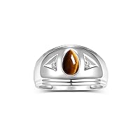 Rylos Mens Rings Sterling Silver Ring Timeless Pear Shape Tear Drop Cabochone Color Stone Gemstone & Natural Diamond Rings; Rings For Men Men's Rings Silver Rings Sizes 8,9,10,11,12,13 Mens Jewelry