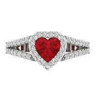 1.72ct Heart Cut Solitaire with Accent Halo split shank Simulated Red Ruby designer Statement Ring Solid 14k White Gold