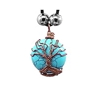 Tree of Life Copper Metal Wire Wrapped Round Healing Gemstone Crystal Cabochon Pendant Adjustable Necklace - Womens Fashion Handmade Jewelry Boho Accessories