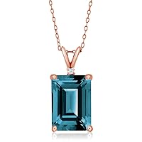 Gem Stone King 18K Rose Gold Plated Silver London Blue Topaz Pendant Necklace For Women (9.52 Cttw, Gemstone November Birthstone, Emerald Cut 14X10MM, with 18 Inch Silver Chain)