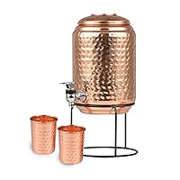 100% Pure Copper Hammered Water Dispenser - Handcrafted drink ware water dispenser pot 5 liter storage capacity tank with stand and serving 2 tumbler glasses