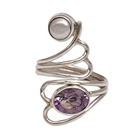 NOVICA Artisan Handmade Amethyst Cultured Freshwater Pearl Ring .925 Sterling Silver Purple White Multi Stone Wrap Indonesia Birthstone 'Pure in Heart'