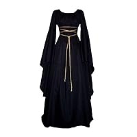 Halloween Women's Retro Renaissance Round Neck Bell Long Sleeve Medieval Victorian Lace Up Long Ball Gown Party Dress