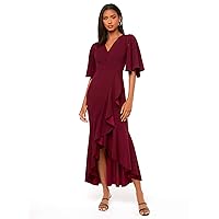 Women's Dress Dresses for Women Cape Sleeve Ruffle Trim Asymmetrical Hem Wrap Dress Dress (Color : Maroon, Size : Small)
