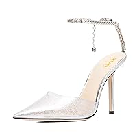 XYD Women Chic Stiletto Heels Pumps Sparkle Crystal Chain Ankle Strap Closed Pointed Toe Sandals Shoes for Bridal Party Evening