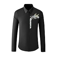 Chinese Style Dragon Embroidery Men's Shirt Long Sleeve Casual Business Dress Shirts Slim Tuxedo Stage Costumes