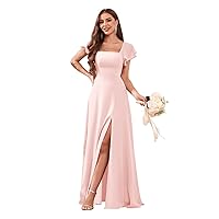 Women's Chiffon Short Sleeve Bridesmaid Dresses with Slit A Line Square Neck Long Evening Formal Gowns for Wedding