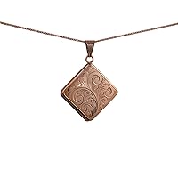 British Jewellery Workshops 9ct Rose Gold 22mm diamond shaped hand engraved flat Locket with a 1mm wide curb Chain