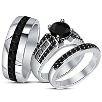 2Ct Round Cut Black Diamond in 925 Sterling Silver 14K White Gold Over Diamond Trio Engagement Wedding Ring Set for Him & Her