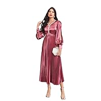 Dresses for Women - Lantern Sleeve Beaded Trim Pleated Hem Dress (Color : Pink, Size : X-Large)