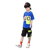 Boys Sports Fashion Contrast Color Printed Suits Shirts Top + Middle Pants with Pocket