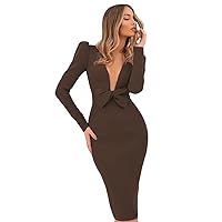 Women's V Neck Long Sleeves Evening Dresses Mermaid Satin Prom Gowns Brown