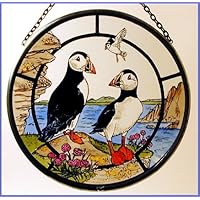 Decorative Hand Painted Stained Glass Window Sun Catcher/Roundel in a Puffins Design.