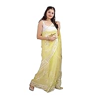 Lemon Organza Lucknowi Embroidery Sari Indian Woman Weightless Saree Blouse 7890