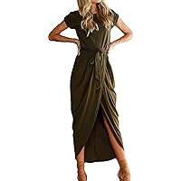 Women Casual Dresses Tunic Short Sleeve High Slit Solid Summer Maxi Dress with Belt