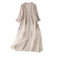 Summer Women's Linen Lace Long Cardigan Thin High Street Patchwork Single Breasted V-Neck Knitted Cardigans