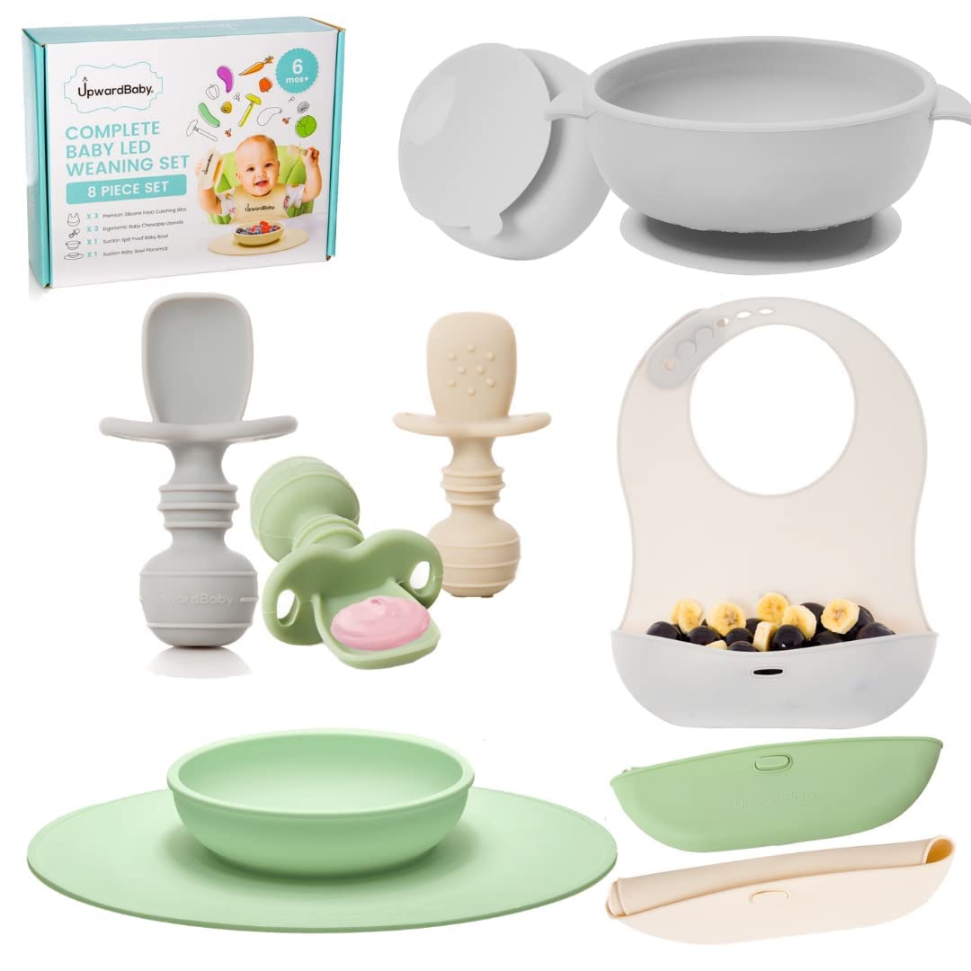 Upward Baby Led Weaning Supplies - Suction Plates for Baby - Spoons Self Feeding 6 months Suction Bowls Silicone Plates - Toddler Plates Bowls Self Eating - Infant First Stage BLW Utensils 6-12 Months