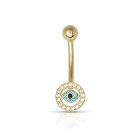 Real 10k Yellow Gold 14G Blue/Black Simulated Diamond CZ Evil eye Belly Ring (8mm x 24mm)