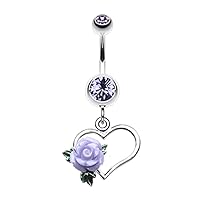 Glittering Sweet Heart with Rose 316L Surgical Steel Belly Button Ring (Sold by Piece)