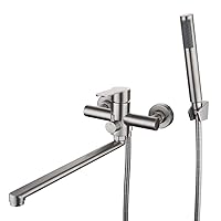 HomeLava Bath Tap with Hand Shower, Round, Single-Lever Bath Tap, Bath Fitting, Brushed Stainless Steel, with Shower Fitting, Bathroom for Shower, Bath, Sink