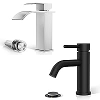 Phiestina One Hole Bathroom Faucet, Modern Single Handle Vanity Faucet, with Metal Pop-up Drain and Water Supply Line, BF01050-N1-BN+BF01051-N1-MB