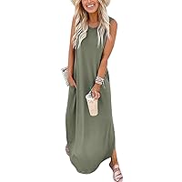 Prinbara Women's Maxi Dress Summer Casual Long Subdress Sleeveless Split Loose Trendy Beach Dresses Olive XX-Large