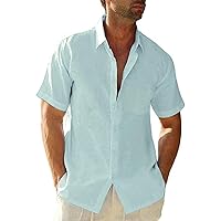 Mens Casual Linen Button Down Short Sleeve Shirts Beach Summer Spread Collar Pocket Tops