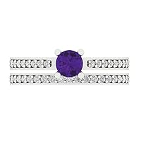 Clara Pucci 1.30 ct Round Cut Solitaire Genuine Natural Amethyst Art Deco Statement Wedding Ring Band set 18K White Solid Gold