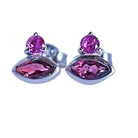 Pink Sapphire Marquise & Round Shape 925 Sterling Silver Push Back Stud Earring