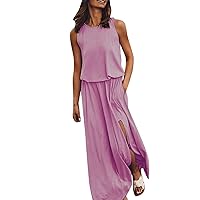 Women's Bohemian Casual Summer Beach Swing Round Neck Trendy Dress Solid Color Sleeveless Knee Length Flowy