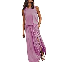 Women's Summer Maxi Dress Sexy Sleeveless Round Neck Flowy Beach Dress Vacation Party Slit Long Tank Dress 2024