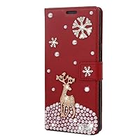 Crystal Wallet Phone Case Compatible with iPhone 13 - Deer Snow - Red - 3D Handmade Sparkly Glitter Bling Leather Cover with Screen Protector & Beaded Phone Lanyard