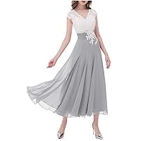 V Neck Lace Top Cap Sleeve Chiffon Wedding Bridesmaid Dress Mother of The Bride Dresses
