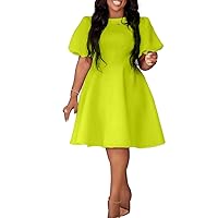 Yanfoam Women's Elegant Crew Neck Dress Puffy Sleeve Solid Color Pleated A-Line for Party Midi Dress
