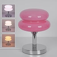 Glass Bedside Lamps 10.63 Inch Egg Tart Lamp for Nightstand Retro Cute Desk Lamp with 3 Color Modes E27 Bulb Chrome Plated Base for Living Room Bedroom Rome Decor(Pink)