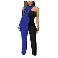 Women's One Shoulder Jumpsuits Dressy Long Sleeve Colorblock Bodycon Wide Leg One Piece Outfits Romper Party Clubwear