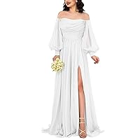 Women's Long Sleeves Chiffon Prom Dresses with Slit Strapless Wedding Guest Dresses Flowy A Line Formal Party Gowns